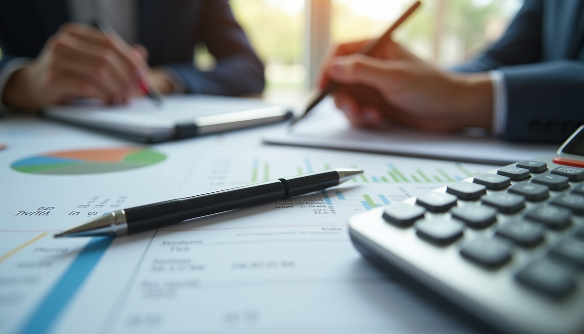 Close-up view of a calculator and financial documents